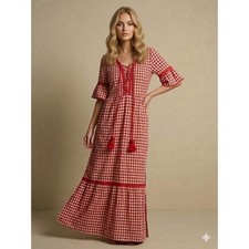 POL Red Gingham Maxi Dress Boho Lace Tassel - M