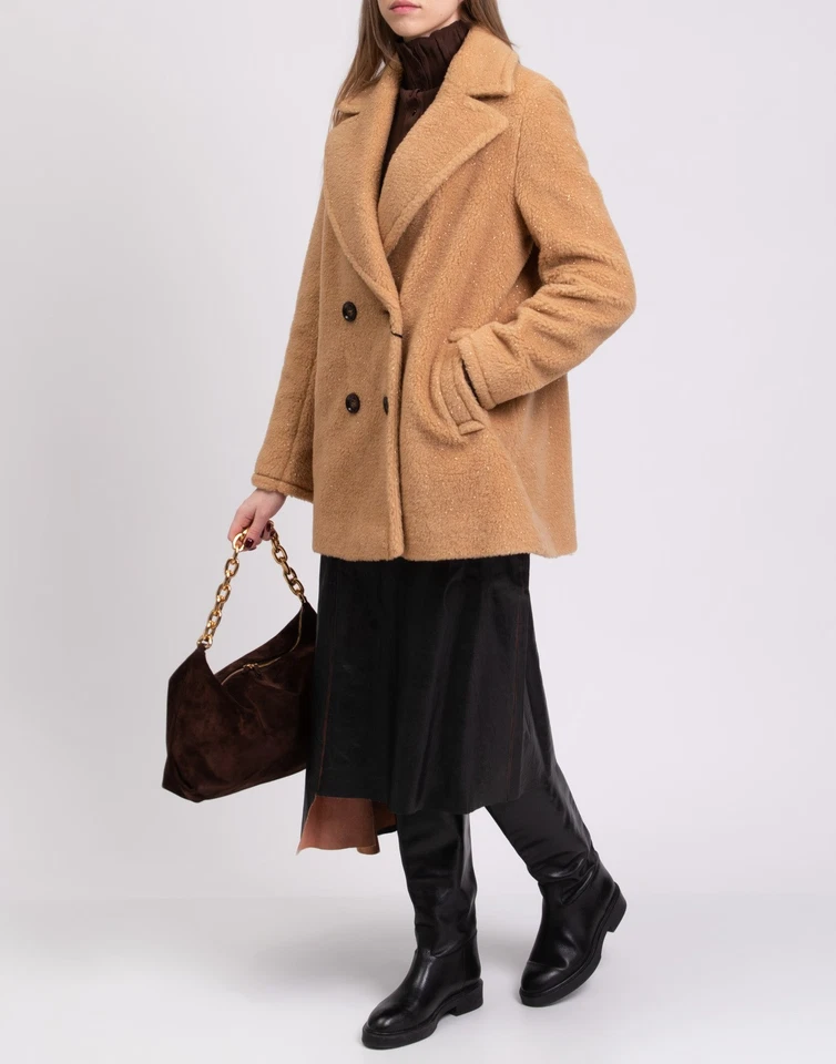 RRP€948 CINZIA ROCCA Sherpa Coat IT46 US10 UK14 XL Camel & Wool Blend Lame - Image 3 of 4