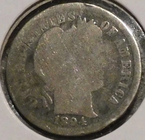 Silver Dime - Barber - 1894 (Old rough cleaning.  Rim dings.)