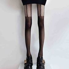Women’s Black Fishnet Pattern Sheer Tights with Solid Thighs