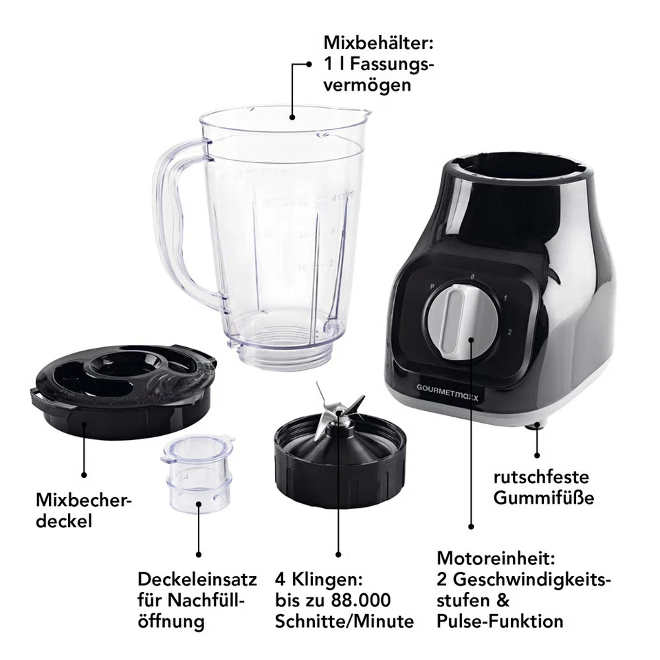 GourmetMAXX Standmixer 1L Shakes Smoothie Maker Pürierer Mixer Blender schwarz - Bild 4 von 4