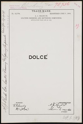 [ A. J. Reach Co. for Dolc� brand Leather Dressing and Softening Compounds]