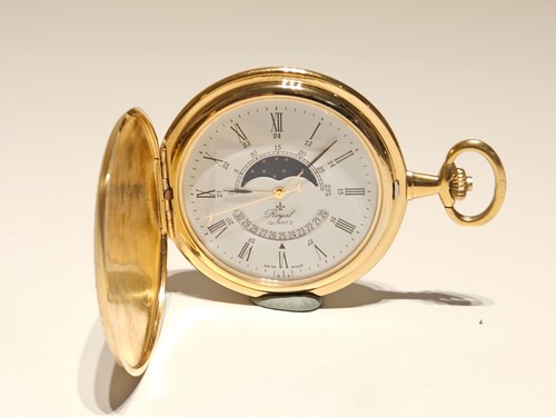VINTAGE LUXURY SWISS MEN'S GOLD PLATED POCKET QUARTZ MOON PHASE WATCH "ROYAL" - Picture 4 of 14
