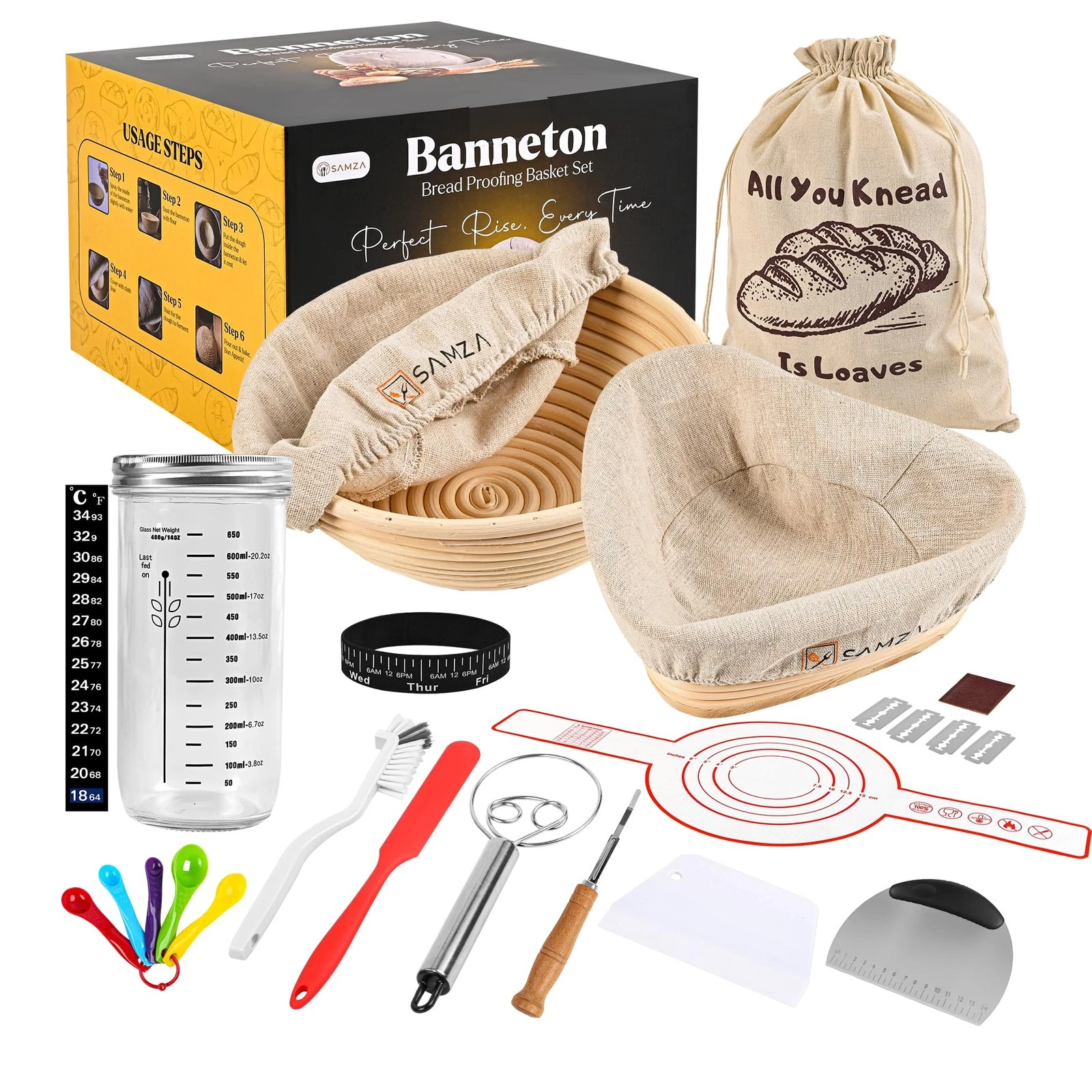 Sourdough Starter Kit - 18Pcs Banneton Bread Proofing Basket Kit with 24oz Gl...