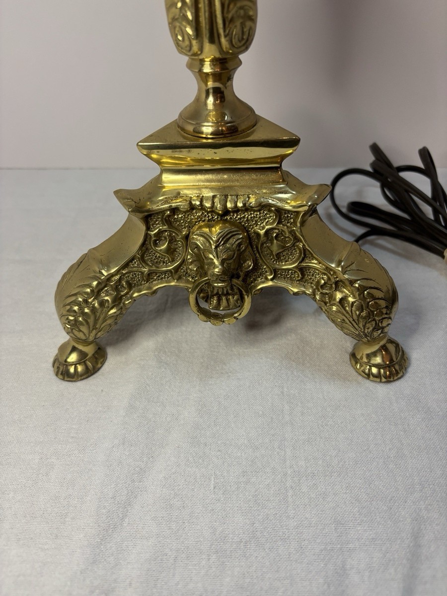 33” Vintage Brass Lions Head Candlestick Lamp Baroque Style Dbl