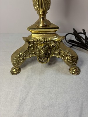 33” Vintage Brass Lions Head Candlestick Lamp Baroque Style Dbl