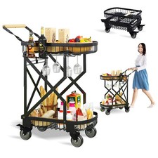 2-Tier Foldable Shopping Cart with Wheels for Groceries, Grocery Store Cart w...
