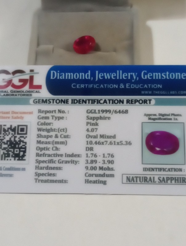 NATURAL EARTH MINED GGL CERTIFIED GEM TESTED HEATED OVAL PINK SAPPHIRE 4.07 CTS.