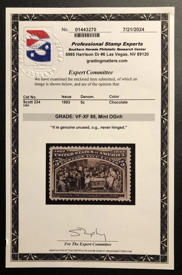 US Stamp #234, 5c, Columbian Exposition, MNH, VF/XF, PSE85-Mint OG, nh. SQM=$300 - Image 4 of 4