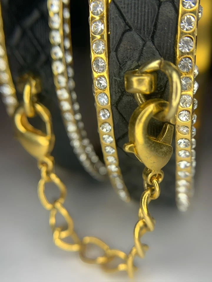 CC Skye Black Quilted Leather Rhinestone Eternity Gold Tone Bangle Bracelets - Image 3 of 4