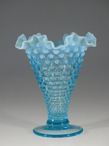 Vintage Fenton Glass Blue Opalescent Hobnail 7-1/2 Inch Ruffled Vase c.1941