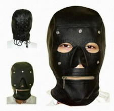 Removable Eye-Pad Zip-Mouth Head Mask Pu Leather Gimp Hooded Sensory Deprivation