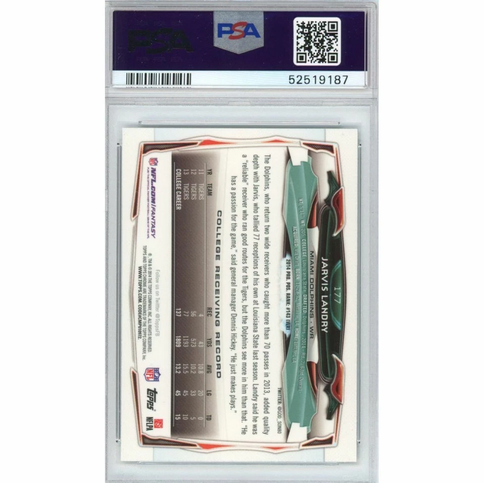 Graded 2014 Topps Chrome JARVIS LANDRY #177 Running Rookie RC Card PSA 10 Mint - Image 2 of 2