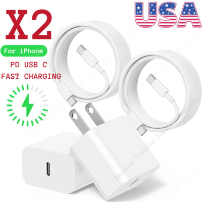 2PACK 20W USB C Fast Charger Cable PD Type C Cube For iPhone 16 15 14 8 iPad Lot