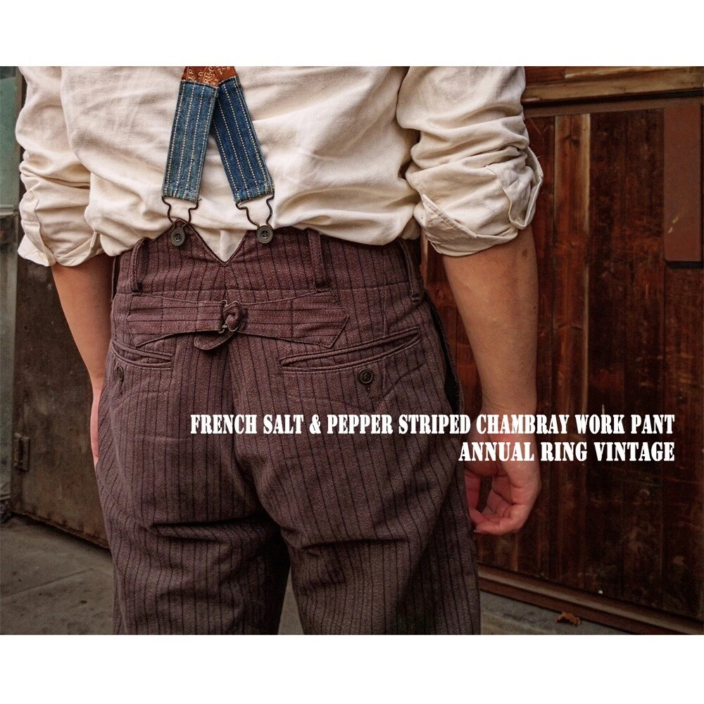 AR Vintage Men French Striped Suit Pants High Rise Straight Heavyweight Cotton - Picture 1 of 19