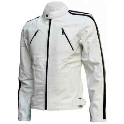 Men's Premium Motorcycle White Genuine Lambskin Stylish Biker Leather Jacket