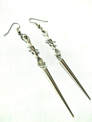 BARB WIRE Figure and Long SPIKE Double Dangling Charms Long Pair