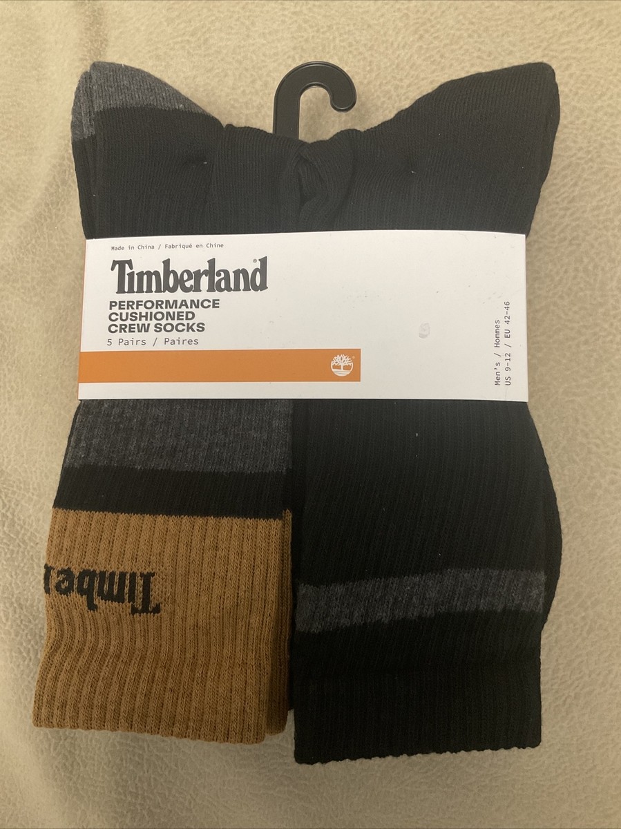 Timberland Performance Cushion 5 Pairs Socks Size 9-12 Crew Black Tan Grey  Men