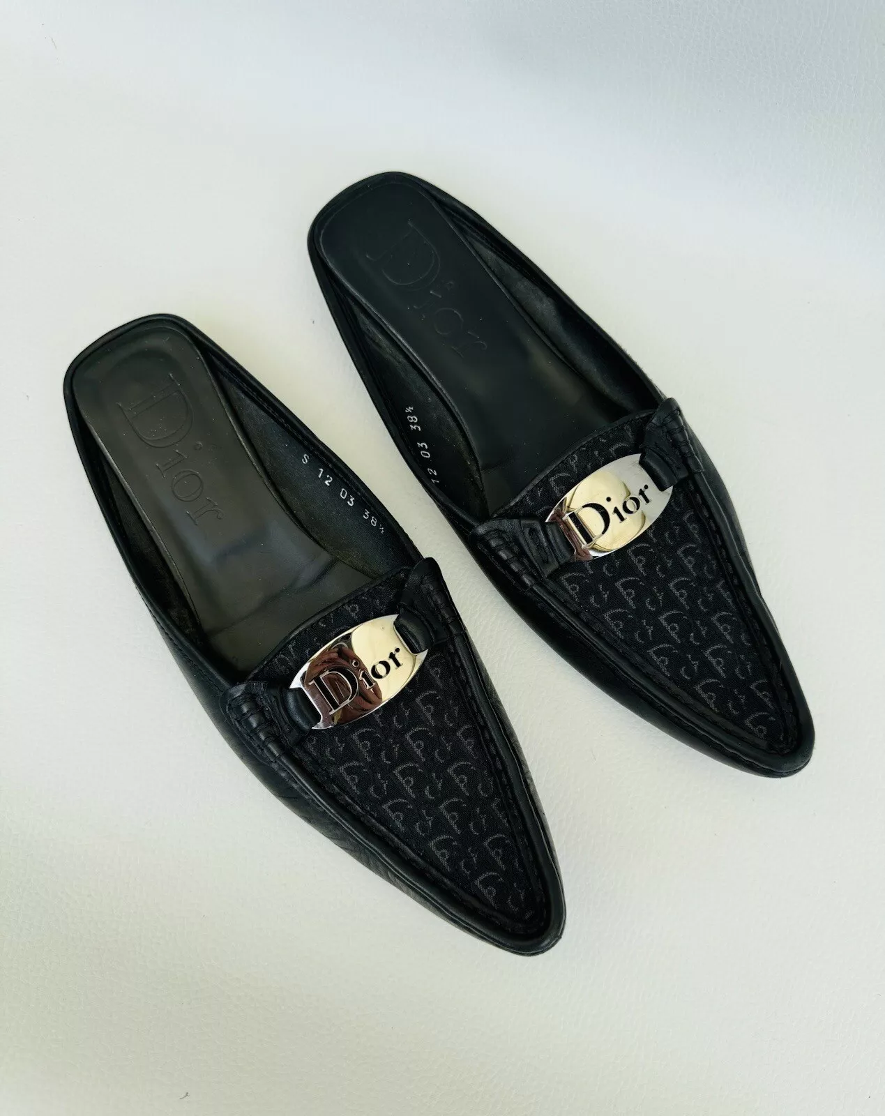 Mules loafers cuir/toile logo monogramme black CHRISTIAN DIOR Vintage P. 38 1/2