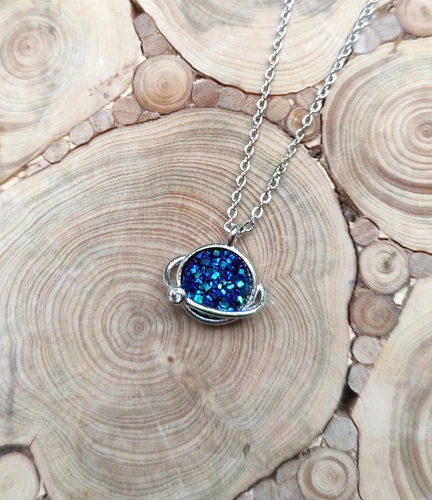 Sterling 925 Silver Navy Sapphire Blue Druzy Planet Necklace Stone Natural Earth