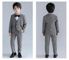 3PCS Kid Boy Plaid Suit Formal Party Coat Vest Pants Concert preside Clothes Set