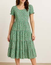 Floral Dress L Tiered Pockets Midi Puff Sleeve Cottagecore Casual Boho Fairycore