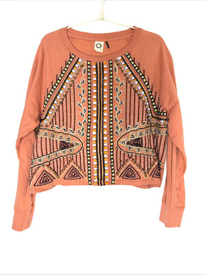 Akemi + Kin Anthropologie Boho Embroidered Crop pullover Tribal Festival Top M