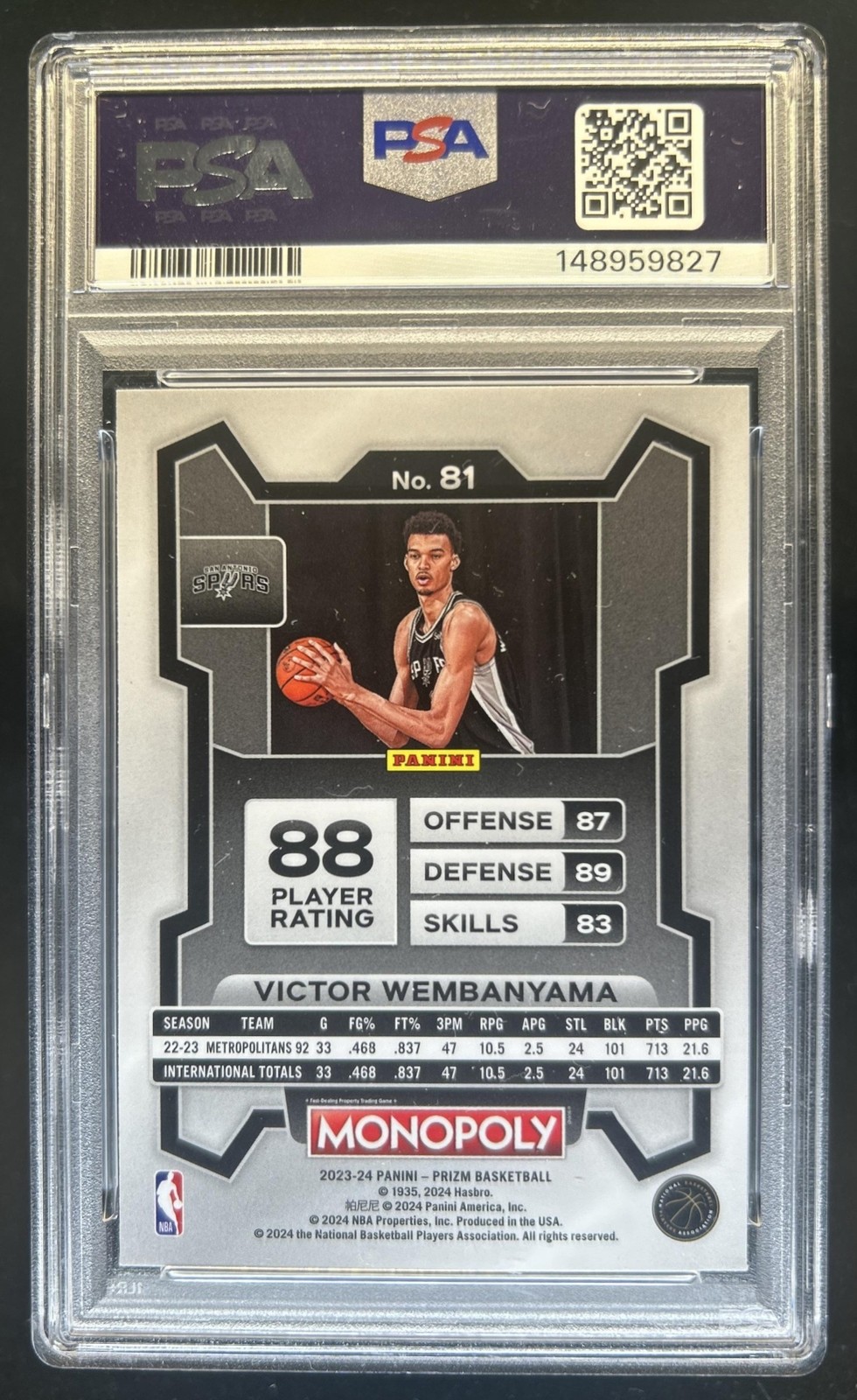 2023-24 Panini Prizm Monopoly Victor Wembanyama RC Rookie #81 Spurs PSA 6 view 2