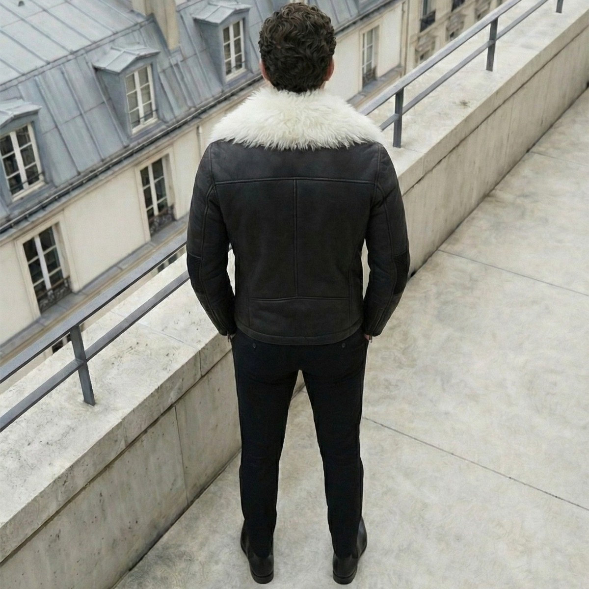 Helmut Lang Black Film Coated Moto Jacket with Faux Fur Trim Size