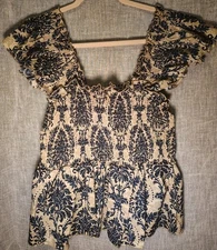 SHEIN Curve Smocked Ruffle Peplum Top 3XL Blue Beige Floral Square Neck Blouse