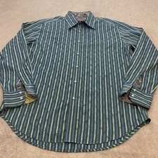 Robert Graham Shirt Mens XL Green Blue Stripe Paisley Flip Cuff Cotton Button Up