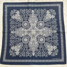 Vintage Bandana White Flourish Floral Damask Handkerchief Navy Blue Cotton 22"