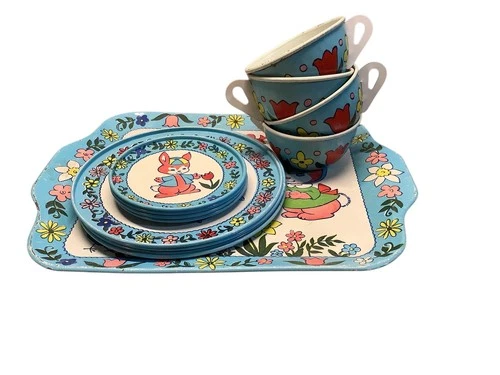 Vintage J. Chein Bunny Rabbit Litho Tin Child’s Serving Platter Plates Cups