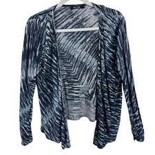 Nic Zoe 4 Way Blue White Abstract Graphic Linen Blend Open Front Cardigan Large
