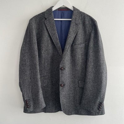 M&S Luxury Moon Blazer Dark Grey Herringbone 100% Wool Sz 46 M Tailored 2 Button