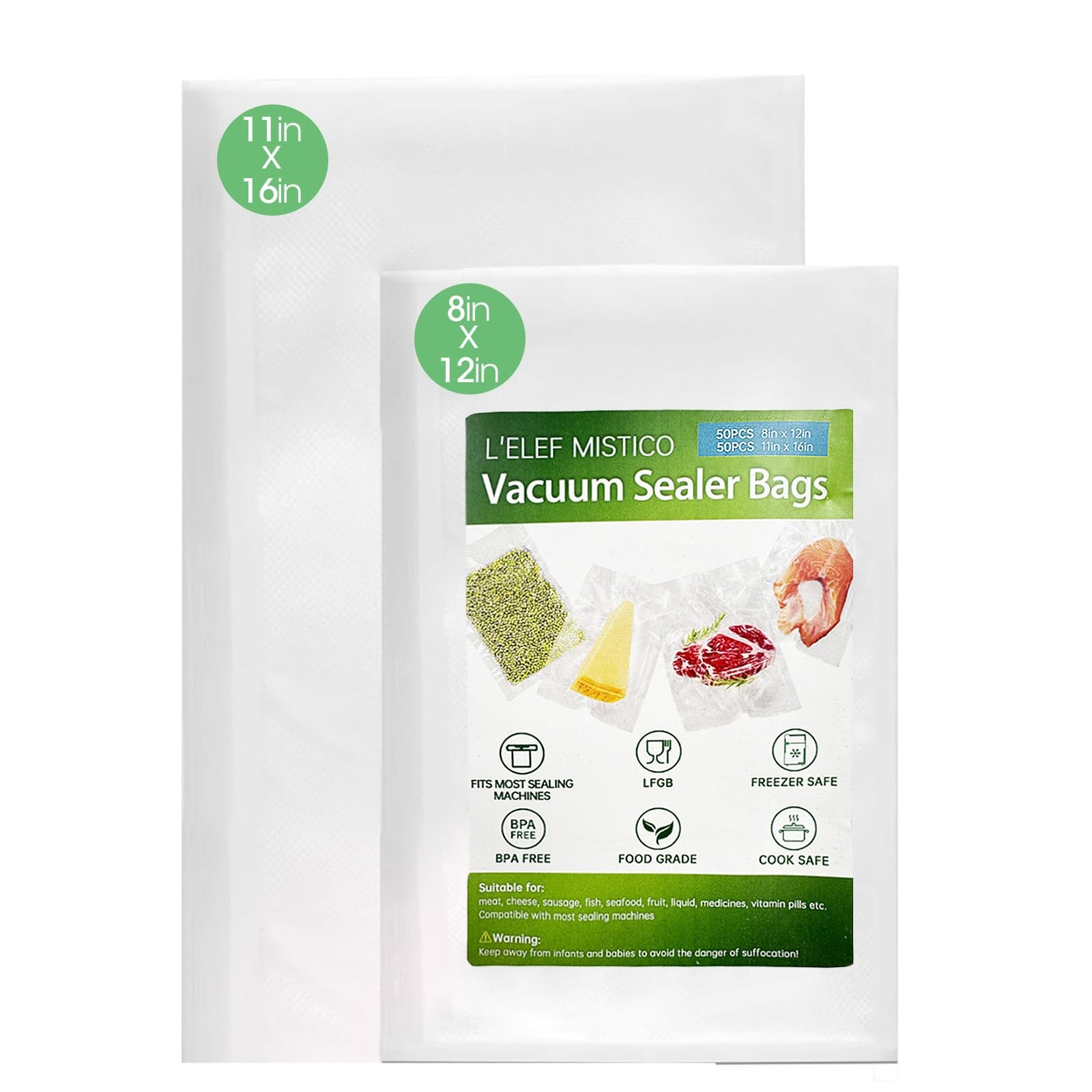 BPA-Free Vacuum Sealer Bags 50 Quart 8x12 & 50 Gallon 11x16 Precut Food Storage