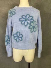 Hooked up by Iot Juniors' Women's Eyelash Floral Fuzzy Sweater Blue Small NWT's