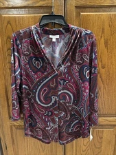 NWT Charter Club Women’s Top Size Medium Blues & Reds Paisley Pattern 3/4 Sleeve