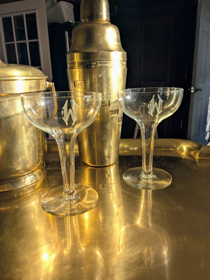 Juego de barra Art Deco de la década de 1930 bandeja para servir de latón macizo/cubo de hielo/coctelera dial-a-drink con Foto 3 de 4