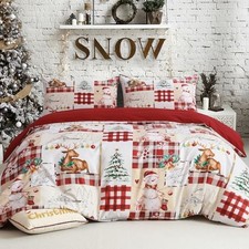 Christmas Duvet Cover Set Xmas Plaid Patchwork Comforter Cover Queen White Red