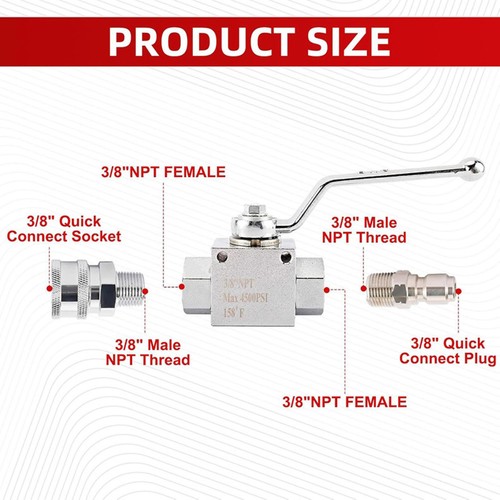 Stainless Steel High Pressure Ball Valve Kit 3/8" NPT Power Washer Sprayer Hose - Foto 9 di 13