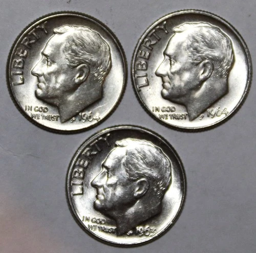 (3) 1964-D Roosevelt Dimes - AU/BU - #1718E - FREE SHIPPING