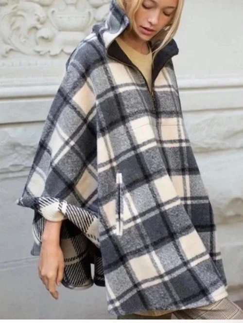 NWT Free People Woodstock Poncho Brushed Plaid Pullover Boho Cape Jacket 1/4 Zip