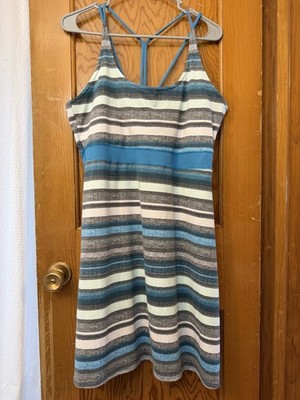Soybu Tahiti Athletic Sun Dress XL Blue Striped Straps Built In Bra UPF 50+