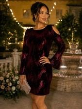 Jessica Howard 12P Burgundy Velvet Sequin Cold Shoulder Cocktail Dress