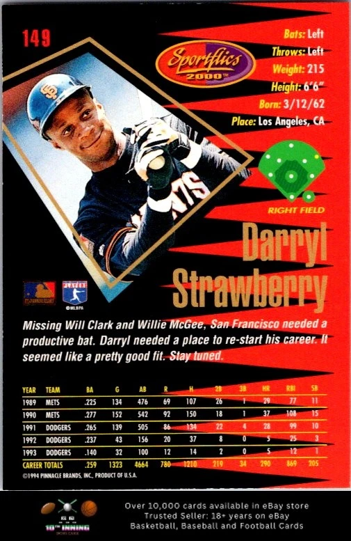 1994 Sportflics 2000 Rookie & Traded BASEBALL #149 Darryl Strawberry - Image 2 of 2
