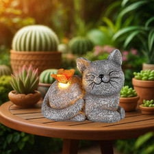 Solar Cat Garden Statue with Butterfly Light 5-Inch Outdoor Resin Figurine for