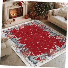 Red Snowman House Pine Tree Christmas Area Rug, Xmas Winter Home Decor Low
