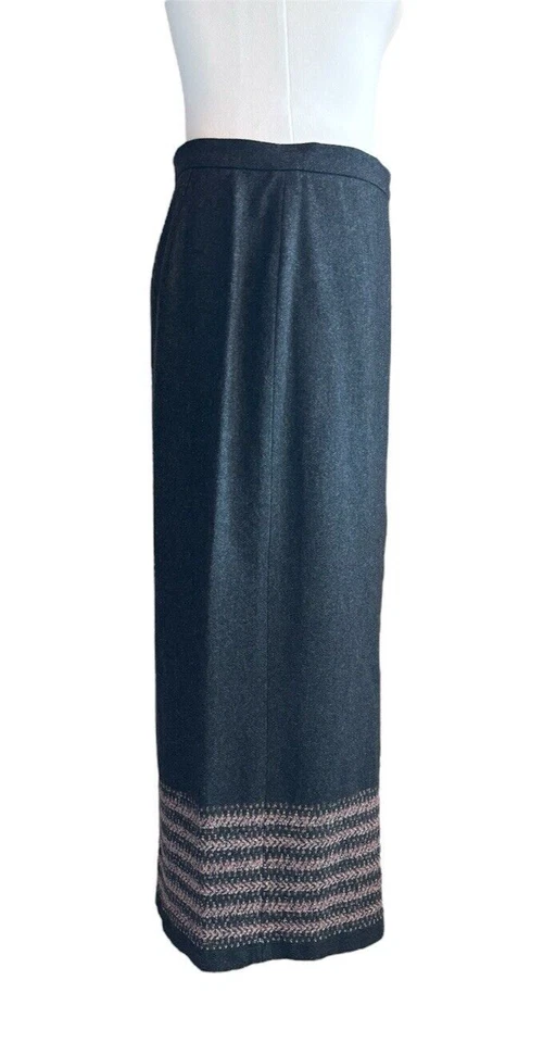 Petite Sophisticate 8P Wool Gray Pink Border Accent Wrap Lined Midi Pencil Skirt - Image 4 of 4