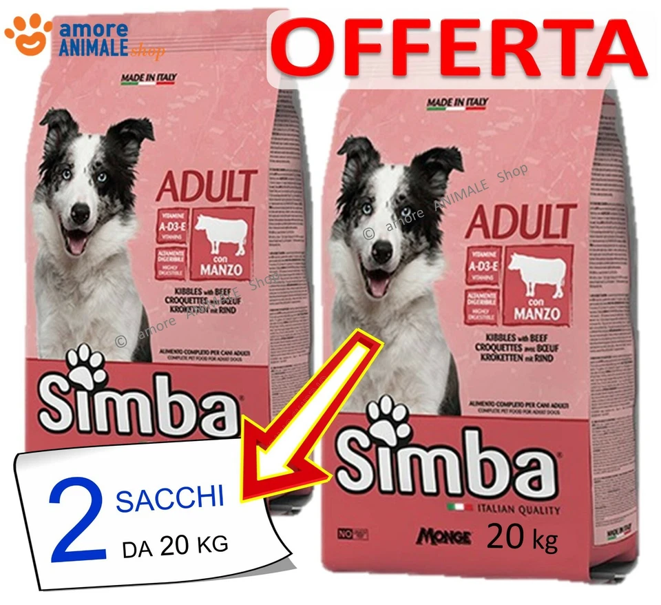 2 SACCHI - Monge Simba 20 Kg al Manzo - Crocchette cane - Alimento per cani